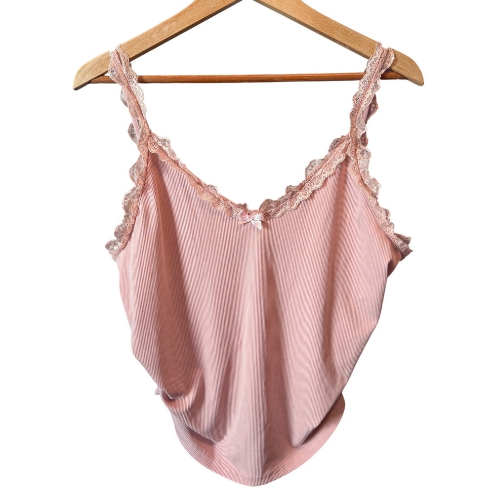 Cider Pink Ribbed Lace Trim Camisole Top Womens Size 2XL Ruched V-Neck Bow Cami